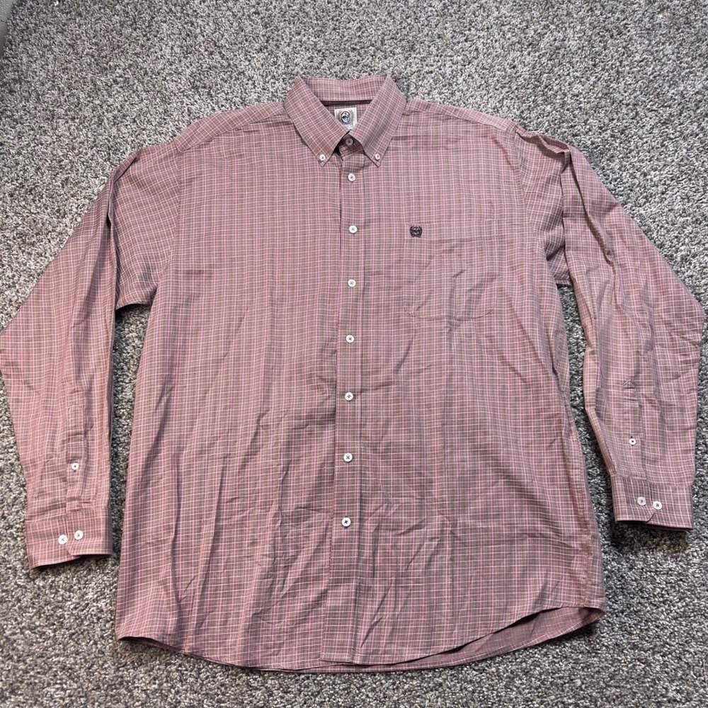 Cinch Men's Large Western Button Down Shirt Brown Pink Grid Check Long Sleeve - Picture 1 of 7